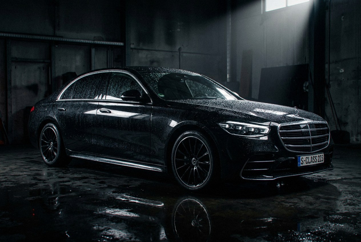 A black car under clean directional light with water beading on fresh paint, detailed by Coastline Mobile Detailing, a mobile auto detailing service in Vela Vista