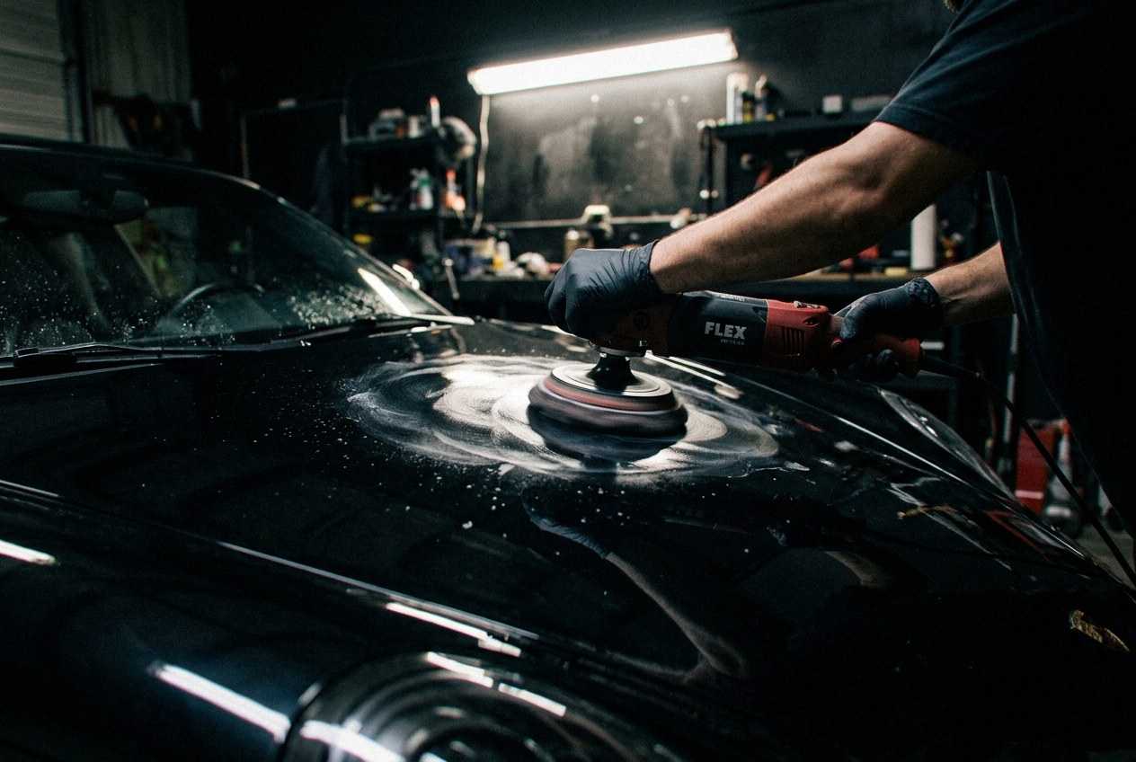 A dual-action polisher working paint to a deep gloss during a detail by Coastline Mobile Detailing in Vela Vista