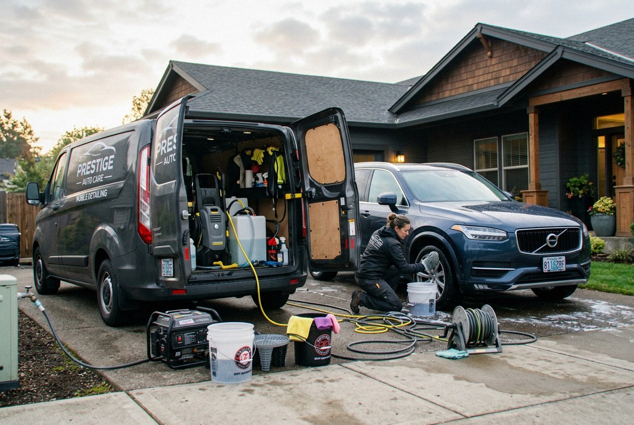 The self-contained Coastline Mobile Detailing rig with its own water and power set up in a driveway in Vela Vista